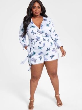 NWT Nina Parker Trendy Plus Size Blue Butterfly Satin Romper